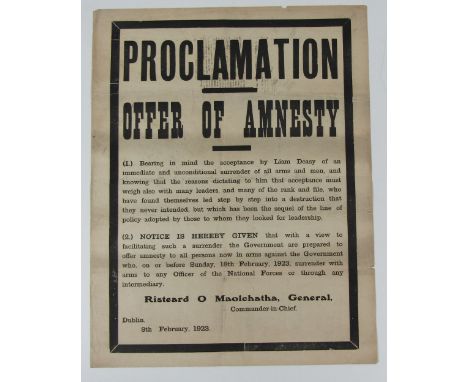 Rare Civil War Poster - Offer of Amnesty

O'Maolcatha (Risteard) Broadside: "Proclamation, Offer of Amnesty," A very rare pos