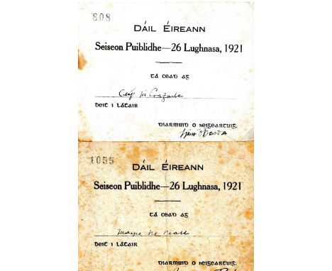 Dail Eireann (Second Dail) A numbered Admission Ticket for the Public Session of 26 Lughnasa [August 1921], made out to Eilis