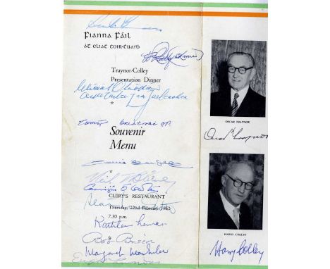 With Numerous Signatures

Fianna Fail: Traynor-Colley Presentation Dinner, 1962. Souvenir Menu. Folding card, with photos of 
