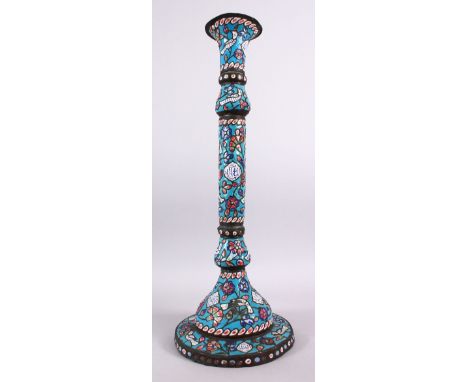 A 19TH CENTURY ISLAMIC TURKISH ENAMEL CALLIGRAPHIC LAMP / INCENSE BURNER - with a blue ground and panels of calligraphy and f