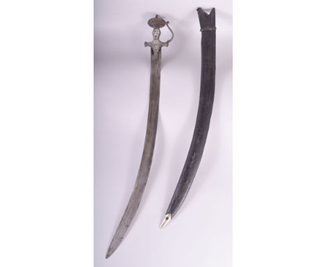 A SUPERB INDIAN SILVER INLAID STEEL HILT TULWAR and leather scabbard, 91cm long.