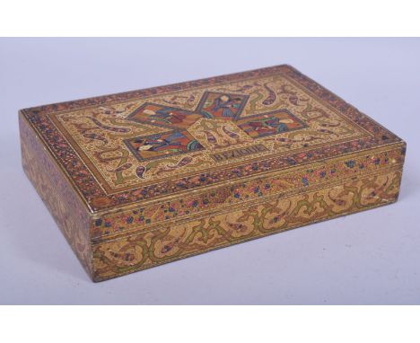 A RARE AND UNUSUAL 19TH CENTURY INDIAN KASHMIRI PAPIER MACHE CARD BOX, with gilded and painted decoration, the cover depictin