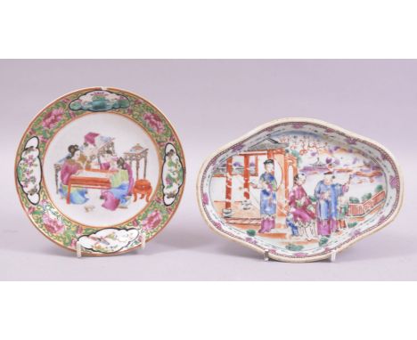 TWO SMALL CHINESE PORCELAIN DISHES, the circular dish painted with figures around a scroll, 14.5cm diameter, the other dish w