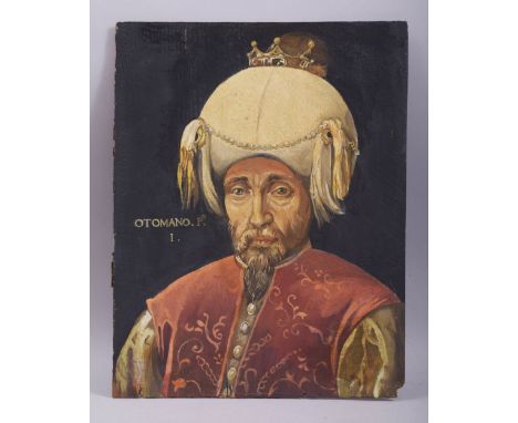 AN OTTOMAN PAINTED PORTRAIT OF A SULTAN, oil on wood board, 31.5cm x 25.5cm.