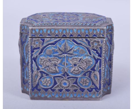 A FINE 19TH CENTURY INDIAN KASHMIRI ENAMELLED SILVER TEA CADDY, with embossed and chased floral motifs and further decorated 