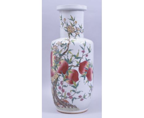 A CHINESE FAMILLE ROSE PORCELAIN LANTERN VASE, decorated with peach, flora and bats, 45cm high.