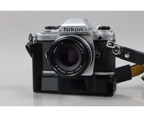 A Nikon FG SLR Camera, serial no 8496986, body F-G, shutter working, meter reacts to light, a Series E 50mm f/1.8 lens F-G, s