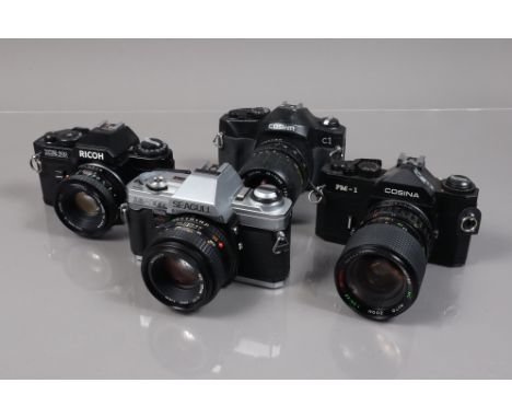 Four SLR Cameras, a Ricoh XR 500 Auto, shutter working, meter responsive, body G-VG, light wear, with Cosinon S 50mm f/2 lens