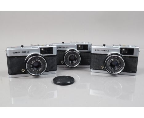 Three Olympus Trip 35 Compact Cameras, shutters working, two with responsive light cells, bodies G, elements G 