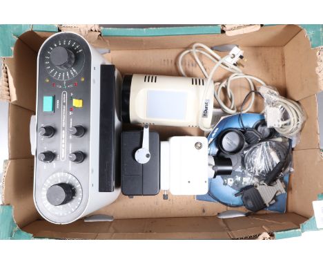 A Wild Photoautomat MPS51 Microscope Camera and MPS45 Controller, with instruction manuals and Durst Mignon E14 Tricolor Lamp