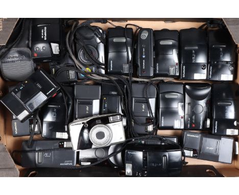 A Tray of Olympus Compact Cameras, models include AF-1, SuperTrip, Infinity, AF-10 Super, AF-1 Twin, AM-100 and other example