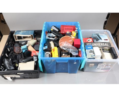 Three Boxes of Camera Related Items, including tele converters, tubes, hoods, caps, flash units, grips and other items 