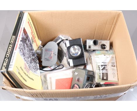 A Box of Camera Related Items. including a Crown 8, Pentala 8B &amp; Revere 8mm cine cameras, all motors run, bodies G, eleme