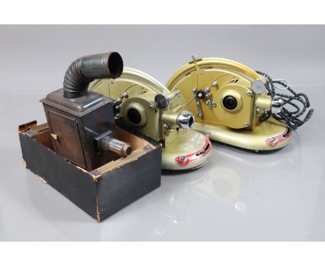 Two Pathescope Gem Gold Coloured 9.5mm Cine Projectors, both with fitted wooden cases and lenses, F, untested, together with 