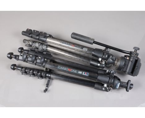 Two Manfrotto Carbon One 440 Carbon Fibre Tripods, one with Manfrotto 200 pan &amp; tilt head,  both with centre column/boom 