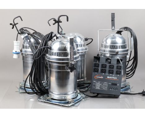 Four Eurolite Par-64 Spotlights spot long, silver bodies G, for 1000W max bulb, each with bulb, barndoors, lighting bar fixin