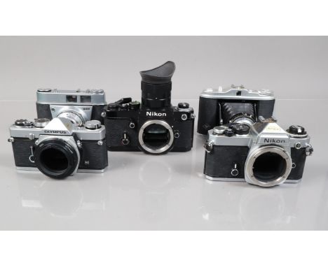 Various SLR and Other Cameras, comprising a Nikon F2 SLR body with DW-2 magnifying finder, a Nikon FE SLR body, an Olympus OM