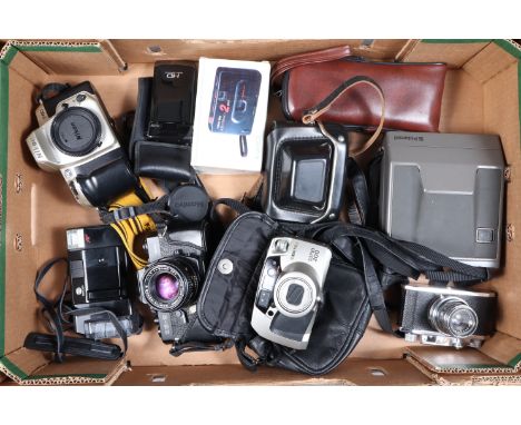 A Group of Various Cameras, including a Nikon F60 SLR body, shutter working, a Mamiya ZE-2 Quartz SLR camera with 50mm f/1.7 