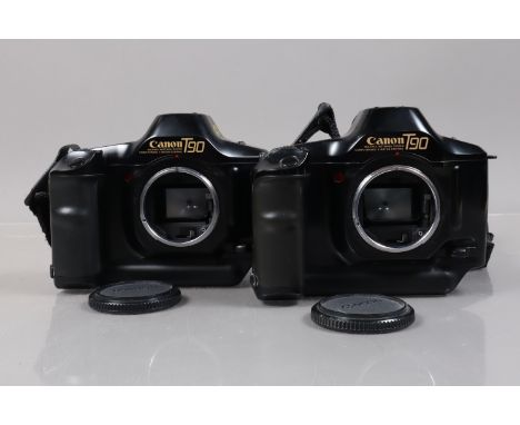 Two Canon T90 SLR Bodies, serial no 1043052, 1178414, both bodies G, both power up, shutters working, appear to function as d