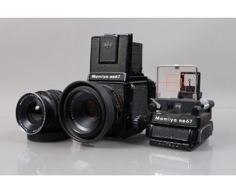 A Mamiya RB67 Medium Format SLR Camera, serial no C56729, body F-G, with waist level finder, a Universal sportsfinder, a Mami