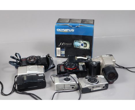 A Small Tray of Olympus Compact Cameras, comprising a boxed mju 410 Digital, an AF-10, an AF-10 Super, Newpic Zoom 600 (2), a