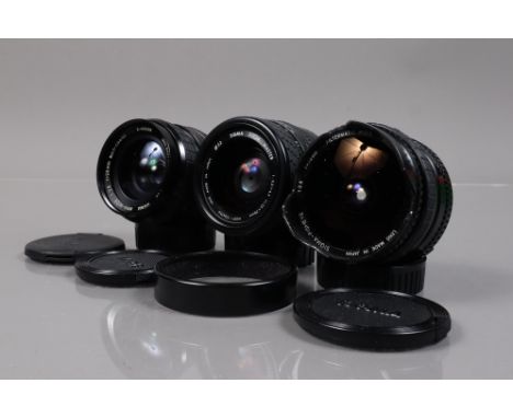 Three Sigma Minolta Mount Lenses, a Sigma 16mm f/2.8 Fish Eye lens, ding &amp; scratches to hood, elements G-VG,  a 28mm f/2.