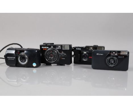 Four Compact Cameras, an Olympus mju Zoom 105, a Konica EU mini, a Konica POP and a POP 10, all black, shutters working, flas