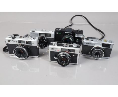A Group of Compact Cameras, an Olympus Trip 35, shutter working, light cell unresponsive, a Yashica Electro 35 FC, two Ricoh 