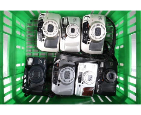 A Group of Pentax ESPIO Compact Cameras, an ESPIO 145M Super, a 160, two 200, two 738 G, one silver, one black, all power up,
