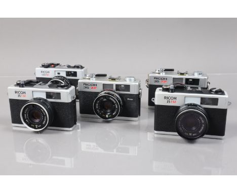 Five Ricoh Compact Cameras, a Ricoh ME, two 35 FM and two 35 ZF, all shutters working, all meters responsive, bodies G, eleme