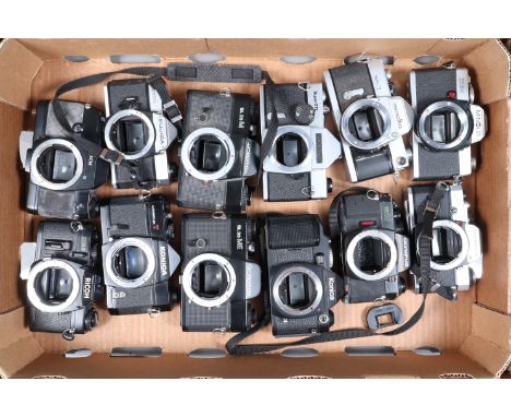 A Tray of SLR Camera Bodies, manufacturers include Minolta, Rolleiflex, Konica, Olympus, and other examples, some with shutte