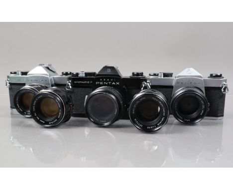 Three Asahi Pentax SLR Cameras, a Pentax Spotmatic F, black, shutter working, meter unresponsive, self timer working, body F,