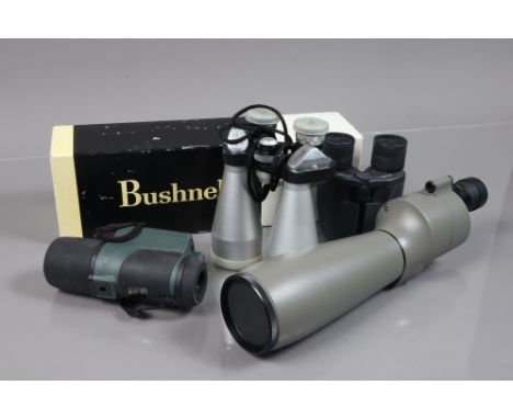 Spotting Scope and Binoculars, a Bushnell Space master II 60mm spotting scope, body G, light wear, elements VG, with caps, in