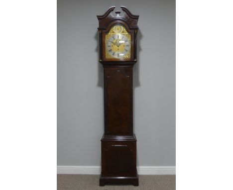 Goldsmiths &amp; Silversmiths Company, a good mahogany three-train chiming longcase clock, the 12in brass arched dial with si