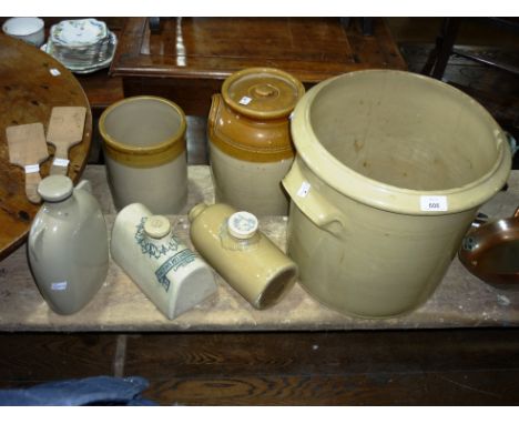 Vintage stoneware: three Jars and three foot warmers, together with three antique copper pans, brass strainer and chestnut ro
