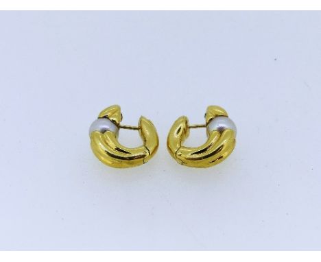 A pair of 18ct yellow gold and cultured pearl hoop Earrings, with integral hinged pillar fixing, Italian hallmarks, approx 15