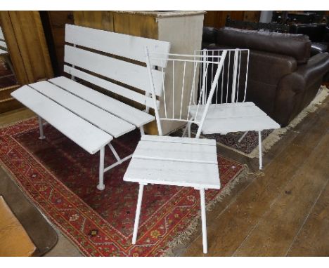 A vintage white painted metal-framed wooden Garden Seat, 47in (119.25cm) wide, together with two white painted metal-framed g