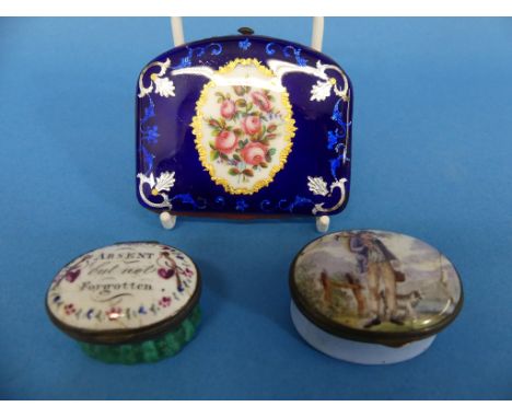 An oval 19thC Staffordshire enamel Patch Box, the hinged lid reading 'Absent but not Forgotten' and with a pair of lovebirds,