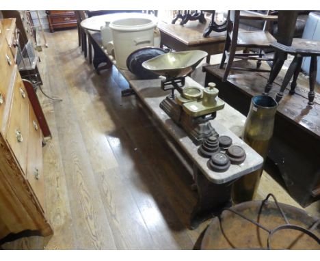Vintage pine Bench or Form, 116in (295cm) wide.
