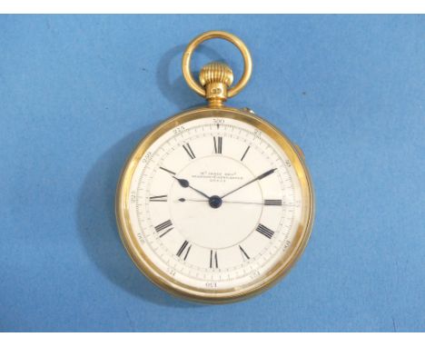 An 18ct gold gents open faced Chronograph Pocket Watch, by McInnes Bros. Glasgow &amp; Newcastle, the enamel dial with Roman 