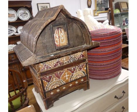 A decorative bamboo Box, in the form of a traditional Thai house, decorated with cowry shells and bamboo leaves, 26¼in high x