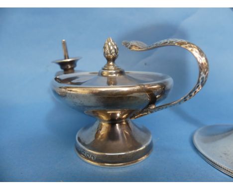 A George V silver 'Aladdin Lamp' Table Lighter, by Joseph Braham, hallmarked London, 1914, a/f, serpent handle mis-shapen and