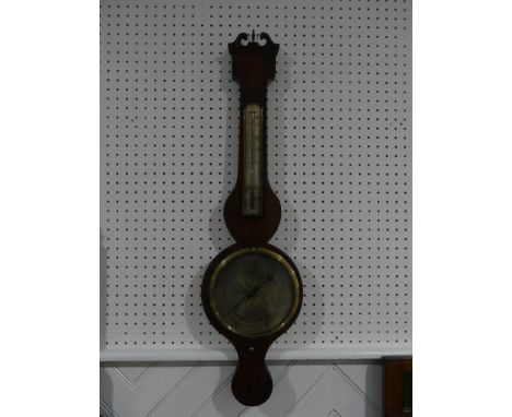 An early 19thC mahogany wheel Barometer, signed P Nolfi, Taunton with a circular silvered dial, the case with swan's neck ped
