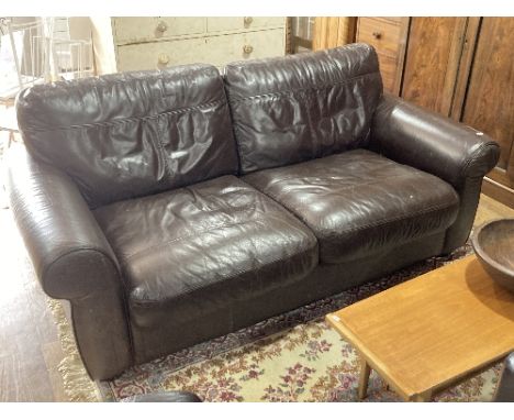 A retro-style leather Two Seater Sofa, by John Lewis, in brown leather upholstery with scrolled arms either side, 72in (183cm