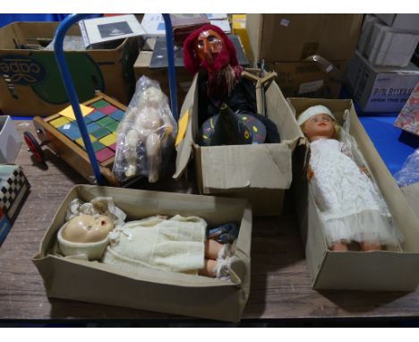 Vintage 1950's unmarked bride doll in Wedding dress with 'Cinderella' shoes, 24in (61cm) high, boxed, together with two other