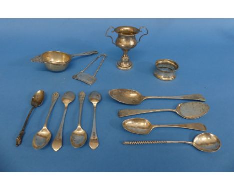 A George V silver Tea Strainer, hallmarked Birmingham, 1935, together with a quantity of silver flatware, a Victorian silver 