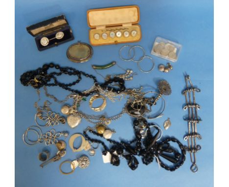 A collection of Silver and Costume Jewellery, including a New Zealand jade pendant, abalone shell earrings, white paste suret