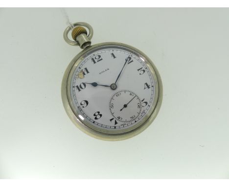 A British military Rolex pocket watch, the circular white enamel dial with black Arabic numerals, outer minutes track, subsid