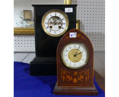 A handsome Victorian black slate Mantel Clock, the eight day movement striking on a bell, 14in high x 10½in wide x 5¾in deep 