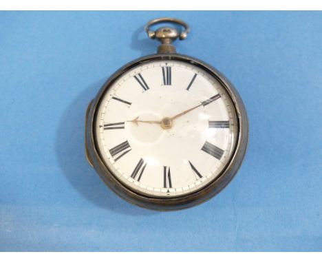 A George IV silver pair-cased fusee Pocket Watch, both cases hallmarked London, 1834, the white enamel dial with black Roman 
